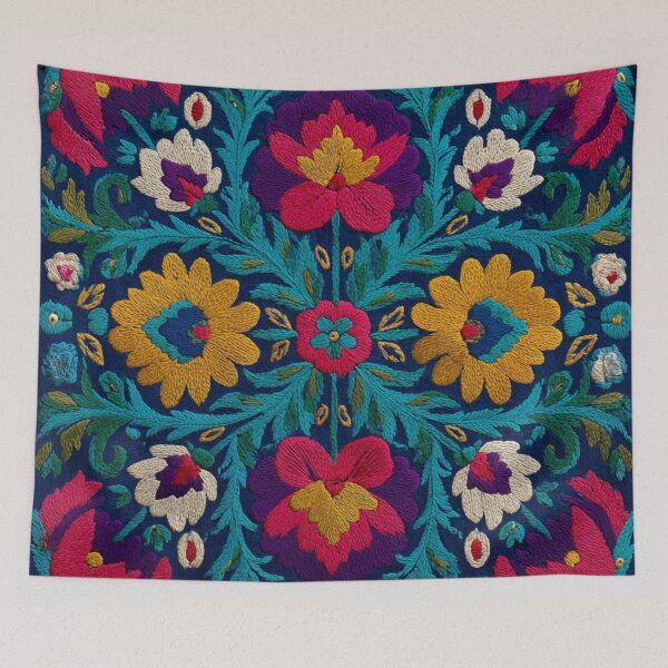 Item preview, Uzbekistan Nim Embroidery Floral Blue Carpet designed and sold by GrinGalore.
