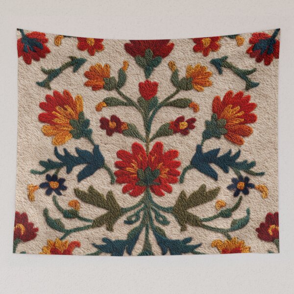 Item preview, Uzbekistan Neem Embroidery Floral Beige Wool Carpet designed and sold by GrinGalore.