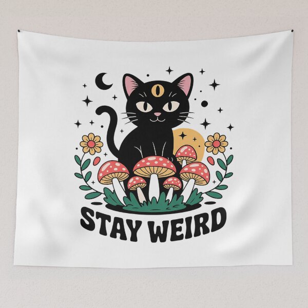 Item preview, Stay Weird Black Cat Mushroom Third Eye Art designed and sold by SurfGlitch.