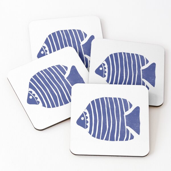 Item preview, Blue Striped Fish Linocut Minimalist Art designed and sold by SurfGlitch.