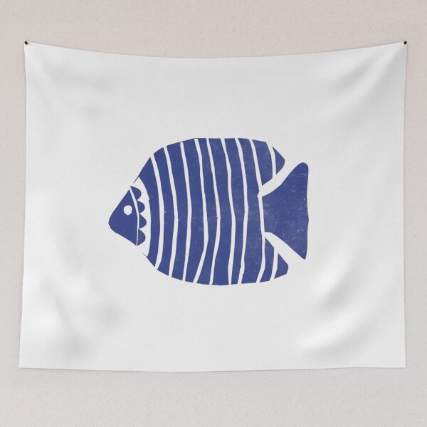 Item preview, Blue Striped Fish Linocut Minimalist Art designed and sold by SurfGlitch.