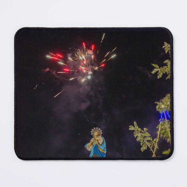 Item preview, Night Festival Fireworks Over Ornate Statue Procession Shrine, Illuminated by Colorful Lights and Decorations designed and sold by Nmallia.