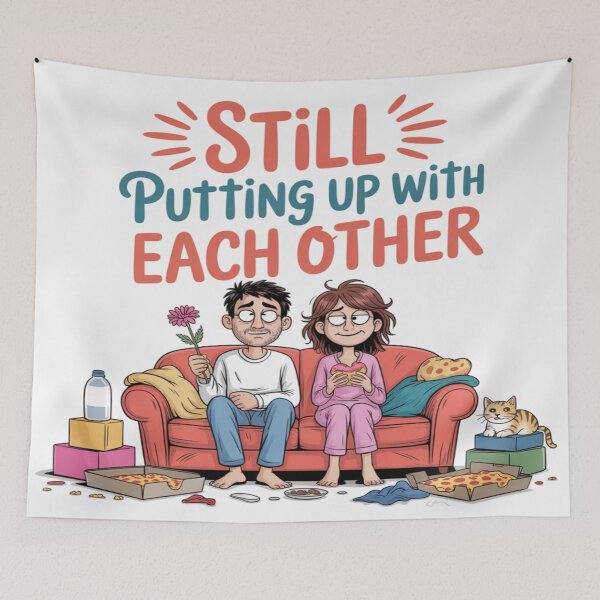 Item preview, Still Putting Up With Each Other – Funny Messy Anniversary Couple on Couch designed and sold by Midnight Veil Designs.
