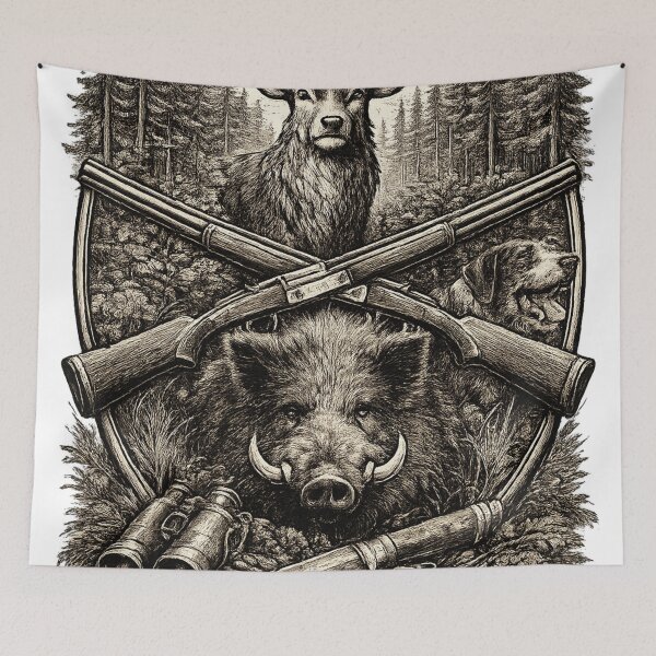 Item preview, Classic Hunter Forest Design – Deer Antlers, Boar and Hunting Gear Engraving  Style Artwork designed and sold by RolMerch.