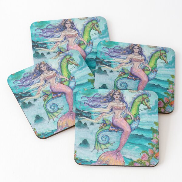 Item preview, Moonlight Serenade Lovely Mermaid riding into the night on a saddled seahorse. The stars singing while the moon sleeps.Rock, cliffs and flowers below suspended in the air like a dream.  designed and sold by Lori Richardson.