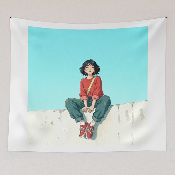 Item preview, Girl Sitting on a Wall – Minimal Sky Aesthetic Illustration designed and sold by AbstractAuraArt.