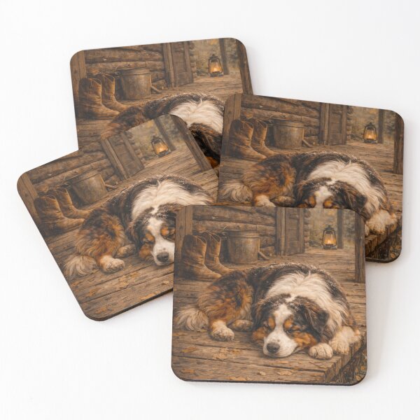 Item preview, Cabin Comfort – Australian Shepherd Resting on Rustic Porch designed and sold by VandVArt.