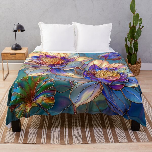 Item preview, Blue Water Lilies Stained Glass Art, Colorful Floral Design designed and sold by MargaretWiktor.