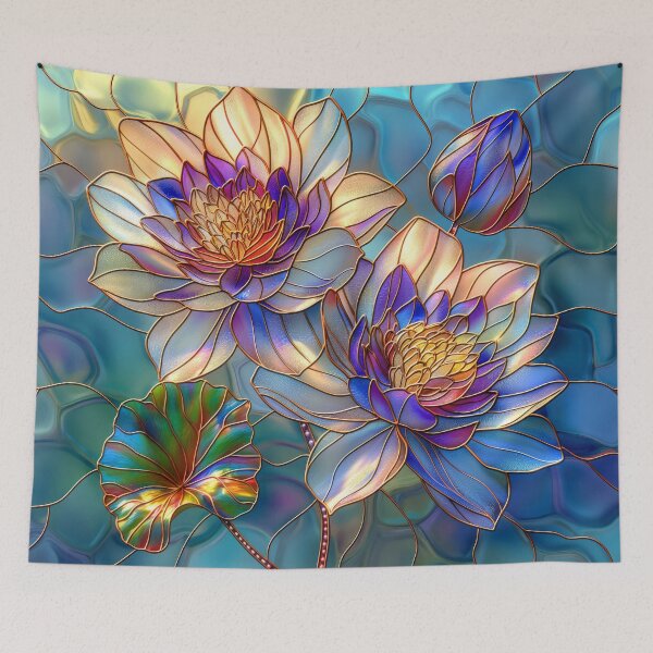 Item preview, Blue Water Lilies Stained Glass Art, Colorful Floral Design designed and sold by MargaretWiktor.