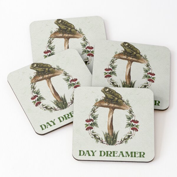 Item preview, Cottagecore Aesthetic Silly Green Frog on A Mushroom Surrounded by Red Cap Mushroom, Berry, and Dragonfly Frame Avocado Green 70’s Typography Day Dreamer designed and sold by Monica Laipple.