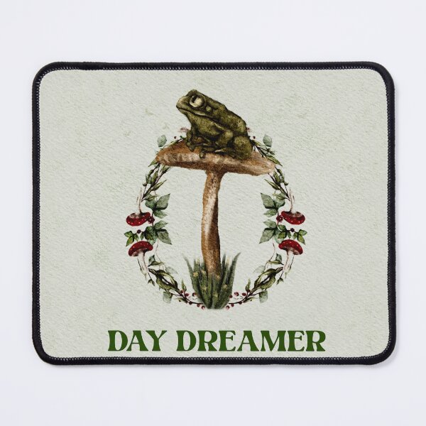 Item preview, Cottagecore Aesthetic Silly Green Frog on A Mushroom Surrounded by Red Cap Mushroom, Berry, and Dragonfly Frame Avocado Green 70’s Typography Day Dreamer designed and sold by Monica Laipple.