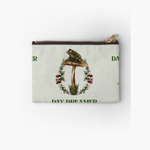 Item preview, Cottagecore Aesthetic Silly Green Frog on A Mushroom Surrounded by Red Cap Mushroom, Berry, and Dragonfly Frame Avocado Green 70’s Typography Day Dreamer designed and sold by Monica Laipple.