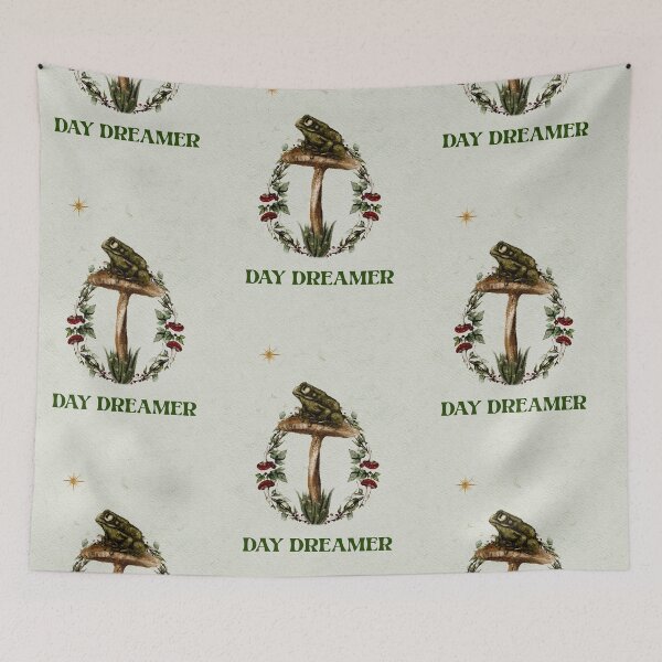 Item preview, Cottagecore Aesthetic Silly Green Frog on A Mushroom Surrounded by Red Cap Mushroom, Berry, and Dragonfly Frame Avocado Green 70’s Typography Day Dreamer designed and sold by Monica Laipple.
