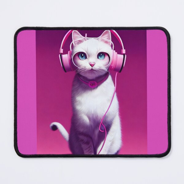 Item preview, White Cat with Pink Headphones - Modern Music-Loving Feline Art designed and sold by Hipatye26.