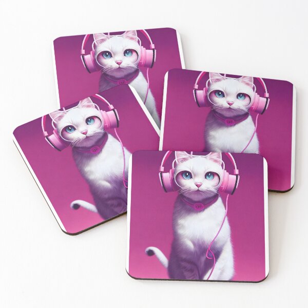Item preview, White Cat with Pink Headphones - Modern Music-Loving Feline Art designed and sold by Hipatye26.