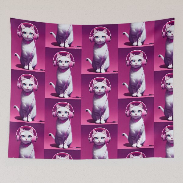 Item preview, White Cat with Pink Headphones - Modern Music-Loving Feline Art designed and sold by Hipatye26.