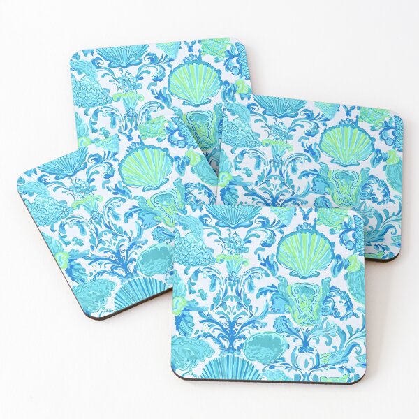 Item preview, Preppy turquoise damask with seashells watercolor and markers designed and sold by SophieClimaArt.