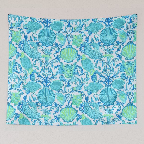Item preview, Preppy turquoise damask with seashells watercolor and markers designed and sold by SophieClimaArt.
