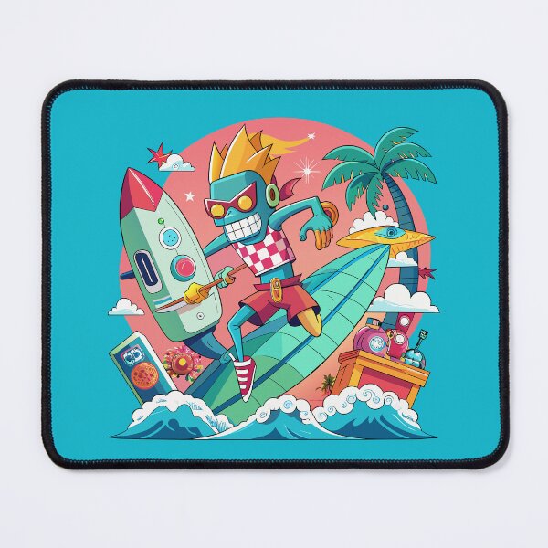 Item preview, Retro Surfing Robot in Neon Sunset – 80s Vaporwave Cartoon Art designed and sold by mcraft studio.