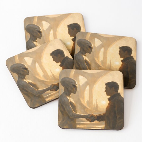 Item preview, Human and Alien Handshake – Sci-Fi First Contact Golden Art Print designed and sold by Luvahawb.