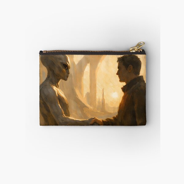 Item preview, Human and Alien Handshake – Sci-Fi First Contact Golden Art Print designed and sold by Luvahawb.