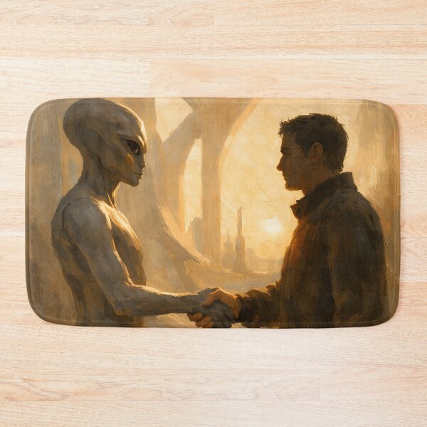 Item preview, Human and Alien Handshake – Sci-Fi First Contact Golden Art Print designed and sold by Luvahawb.