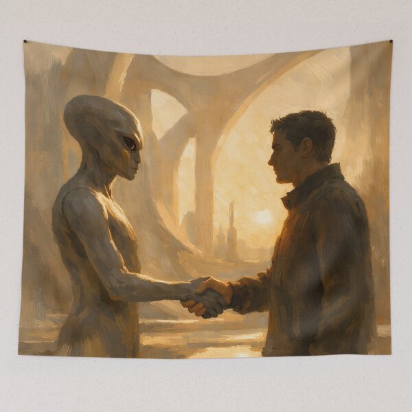 Item preview, Human and Alien Handshake – Sci-Fi First Contact Golden Art Print designed and sold by Luvahawb.
