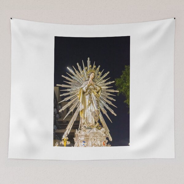 Item preview, Religious Virgin Mary Statue With Radiant Halo During Night Procession in Festive Catholic Parade designed and sold by Nmallia.