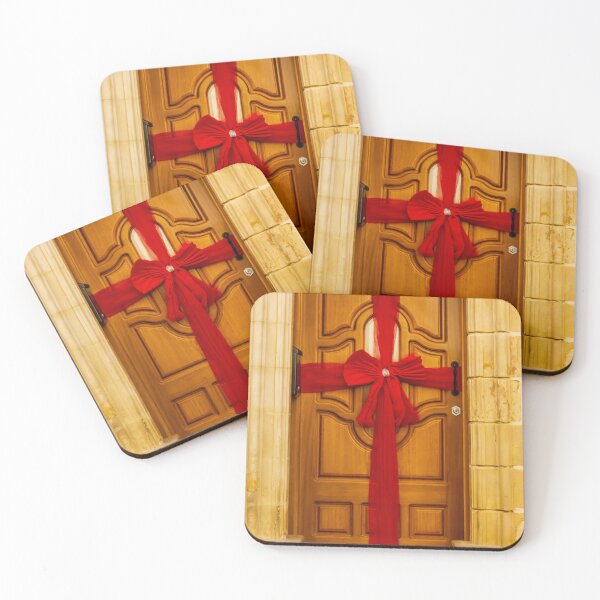 Item preview, Door Decor With Large Red Ribbon Across Wooden Door; Cat Sleeping On Blue Mat designed and sold by Nmallia.