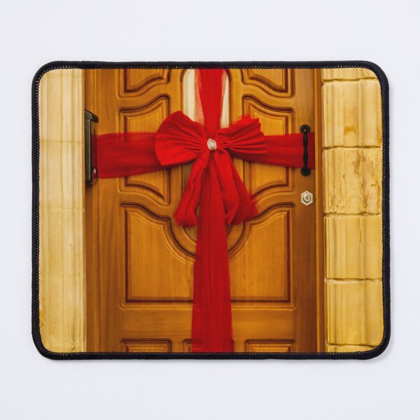 Item preview, Door Decor With Large Red Ribbon Across Wooden Door; Cat Sleeping On Blue Mat designed and sold by Nmallia.