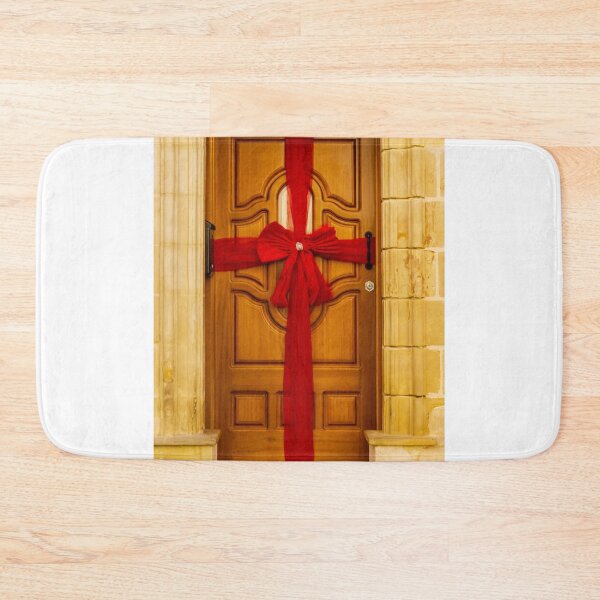 Item preview, Door Decor With Large Red Ribbon Across Wooden Door; Cat Sleeping On Blue Mat designed and sold by Nmallia.
