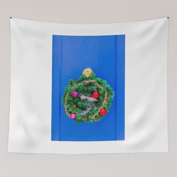 Item preview, Festive Christmas Wreath With Ornaments On Bright Blue Door designed and sold by Nmallia.