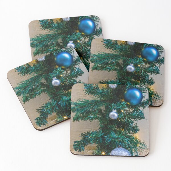 Item preview, Blue and Silver Christmas Tree Ornaments With Warm Yellow Lights on Green Branches designed and sold by Nmallia.