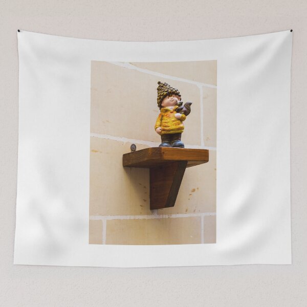 Item preview, Cute Garden Gnome Figurine On Wooden Shelf Against Neutral Tile Wall for Home Decor designed and sold by Nmallia.