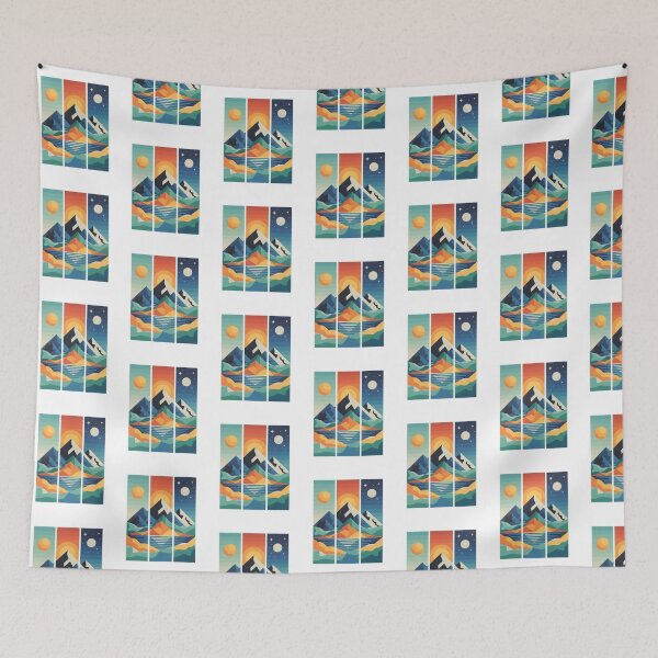 Item preview, Geometric Mountain Lake Day and Night Triptych designed and sold by Aesthetic Art.