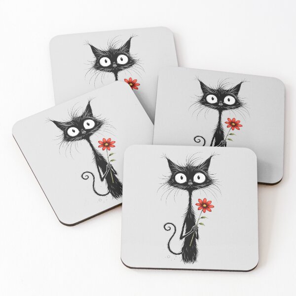 Artikelvorschau, Lustige Katze mit roter Blume, minimalistische Schwarz-Weiß-Kunst entworfen und verkauft von Natart1004.