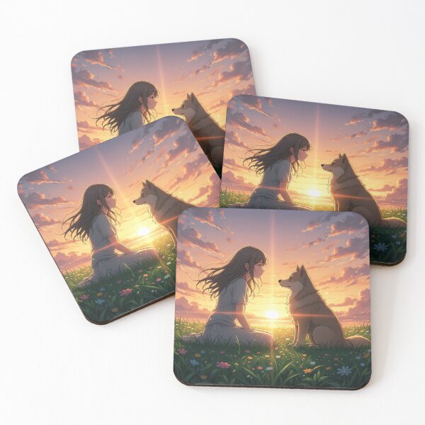 Item preview, A loyal gaze – Anime girl with dog at sunset designed and sold by Kamast Anime Artworks.