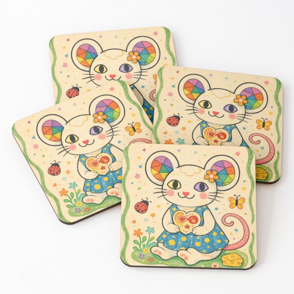 Item preview, Colorful heart-patterned mouse with patchwork ears – Cute kawaii animal illustration in retro style designed and sold by MrsMimpi.