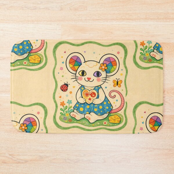 Item preview, Colorful heart-patterned mouse with patchwork ears – Cute kawaii animal illustration in retro style designed and sold by MrsMimpi.