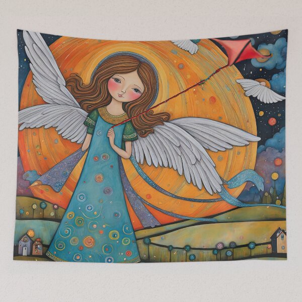 Item preview, Angel with wings wearing a hoodie flying a kite with youngsters designed and sold by Colin Bentham.
