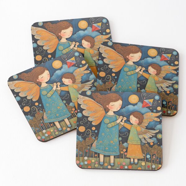 Item preview, Angel with wings wearing a hoodie flying a kite with youngsters designed and sold by Colin Bentham.