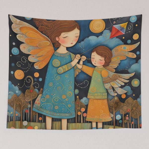 Item preview, Angel with wings wearing a hoodie flying a kite with youngsters designed and sold by Colin Bentham.