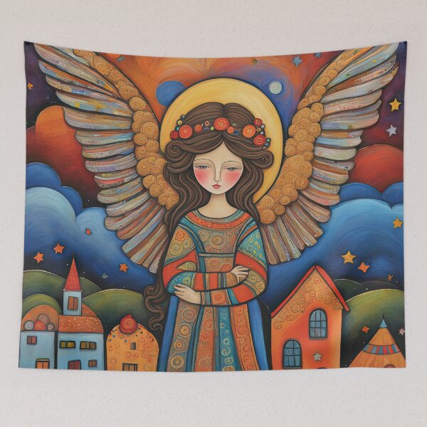 Item preview, Angel with wings wearing a hoodie flying a kite with youngsters designed and sold by Colin Bentham.
