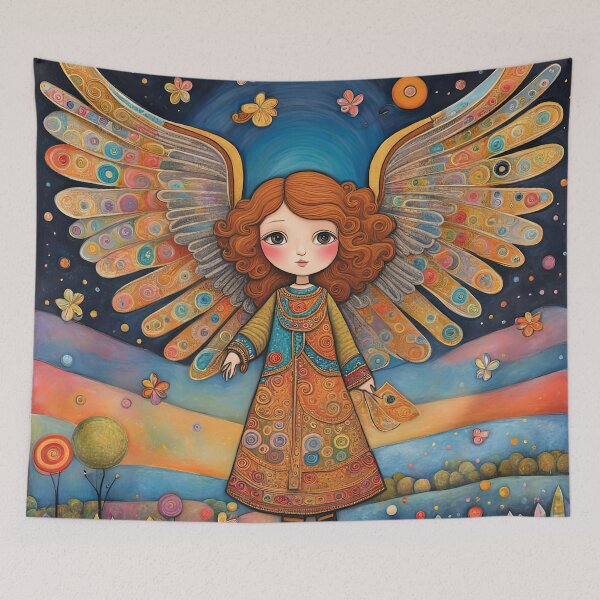 Item preview, Angel with wings wearing a hoodie flying a kite with youngsters designed and sold by Colin Bentham.