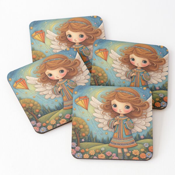 Item preview, Angel with wings wearing a hoodie flying a kite with youngsters designed and sold by Colin Bentham.