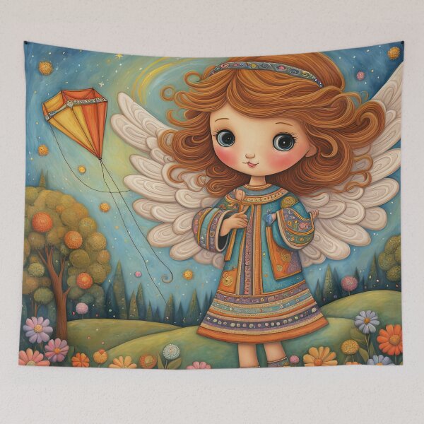 Item preview, Angel with wings wearing a hoodie flying a kite with youngsters designed and sold by Colin Bentham.