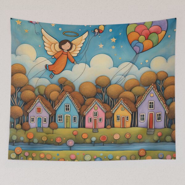 Item preview, Angel with wings wearing a hoodie flying a kite with youngsters designed and sold by Colin Bentham.