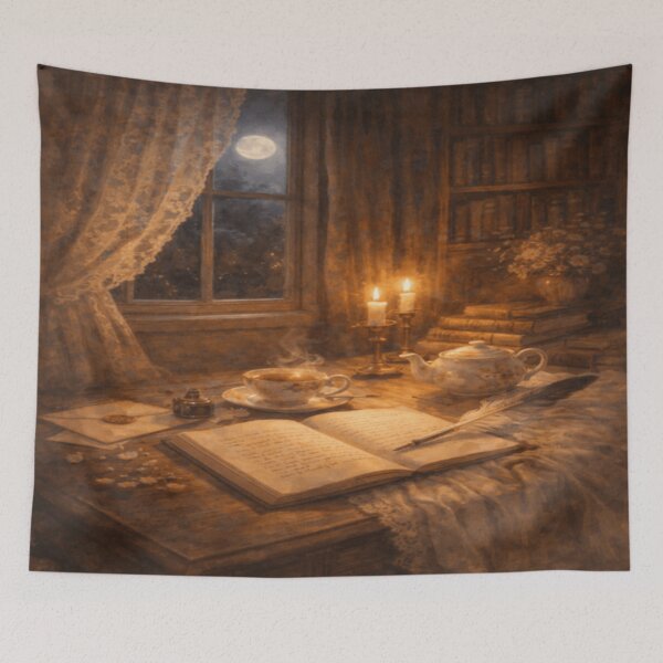 Item preview, Moonlit Writing Nook – Candlelit Letters & Storybook Tea Victorian Art designed and sold by ArtFreshStudio.