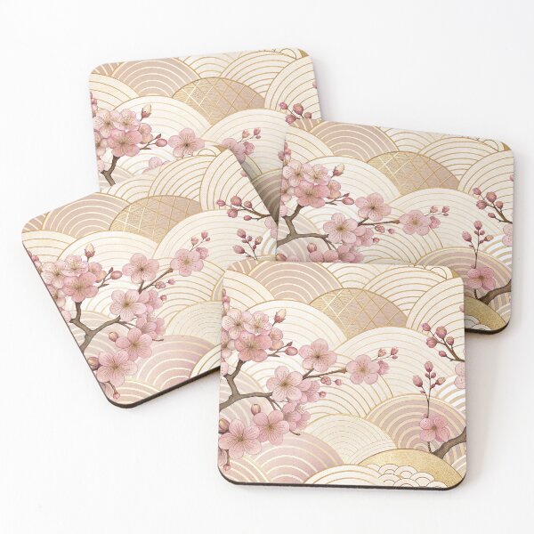 Item preview, Elegant Sakura Blossoms with Golden Seigaiha Waves – Japanese Inspired Pattern designed and sold by Snifferius.