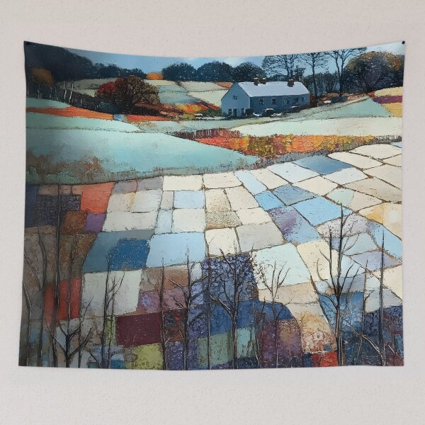 Item preview, Colourful Countryside Landscape Fields Beneath Quiet Farmhouse designed and sold by Shoot-The-Moon.